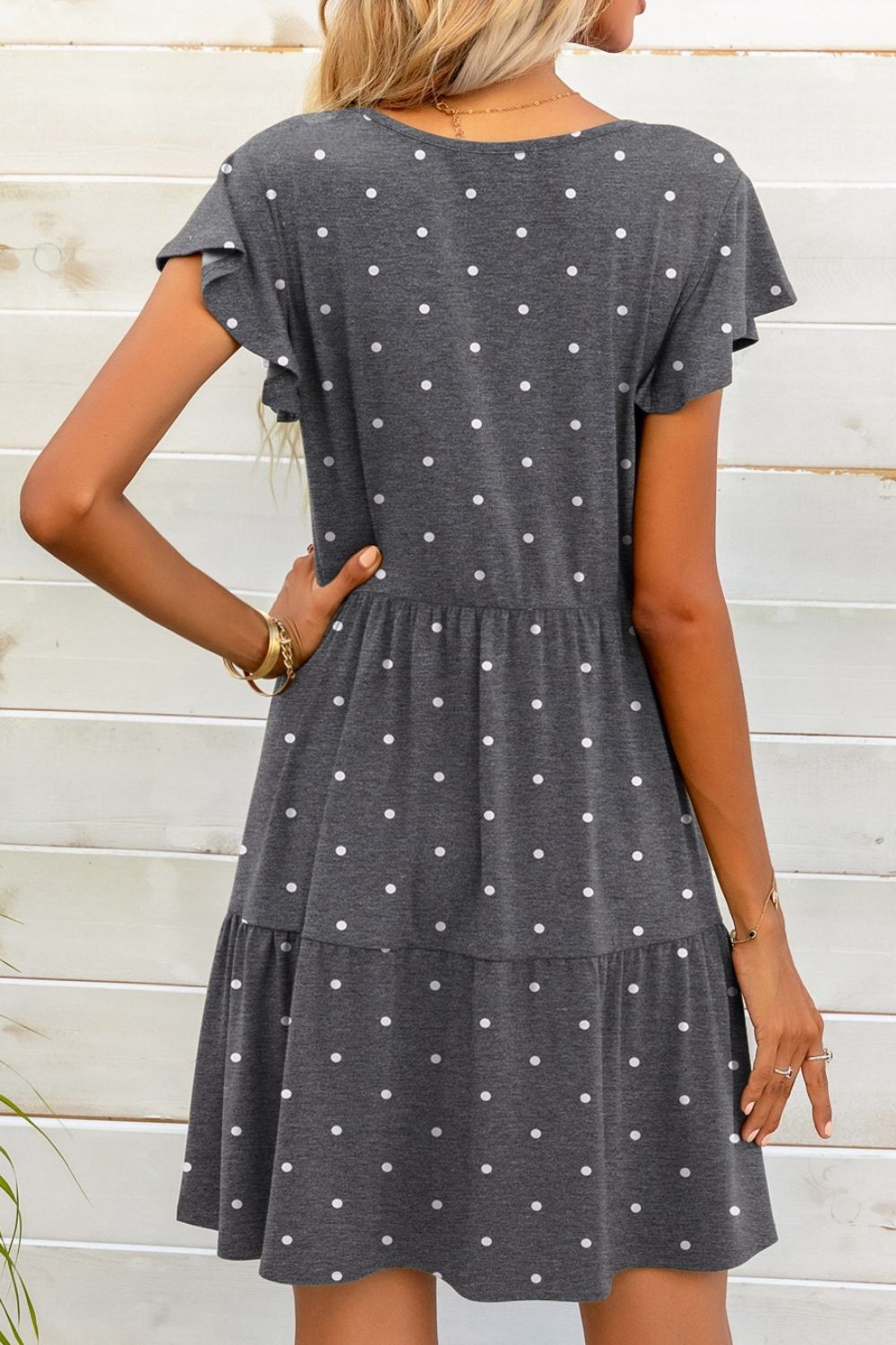 Polka Dot V - Neck Flutter Sleeve Mini Dress - Dress - Dark Gray - Bella Bourget