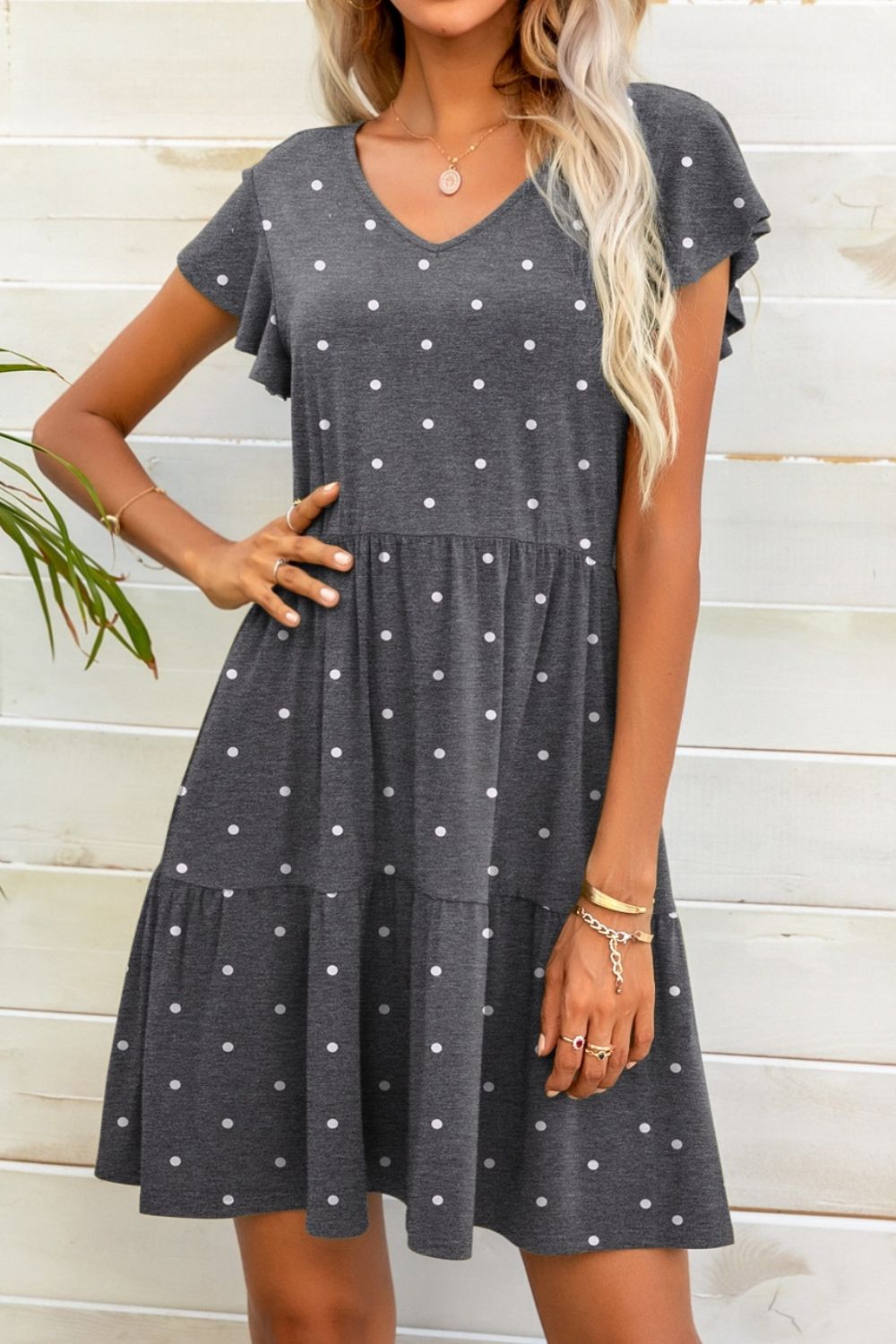 Polka Dot V - Neck Flutter Sleeve Mini Dress - Dress - Dark Gray - Bella Bourget