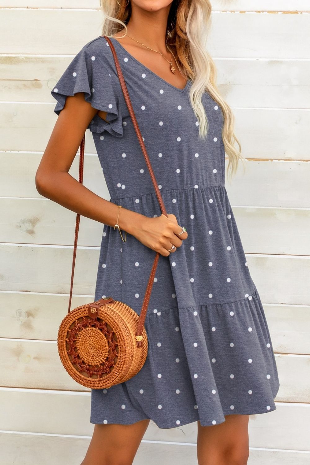 Polka Dot V - Neck Flutter Sleeve Mini Dress - Dress - French Blue - Bella Bourget