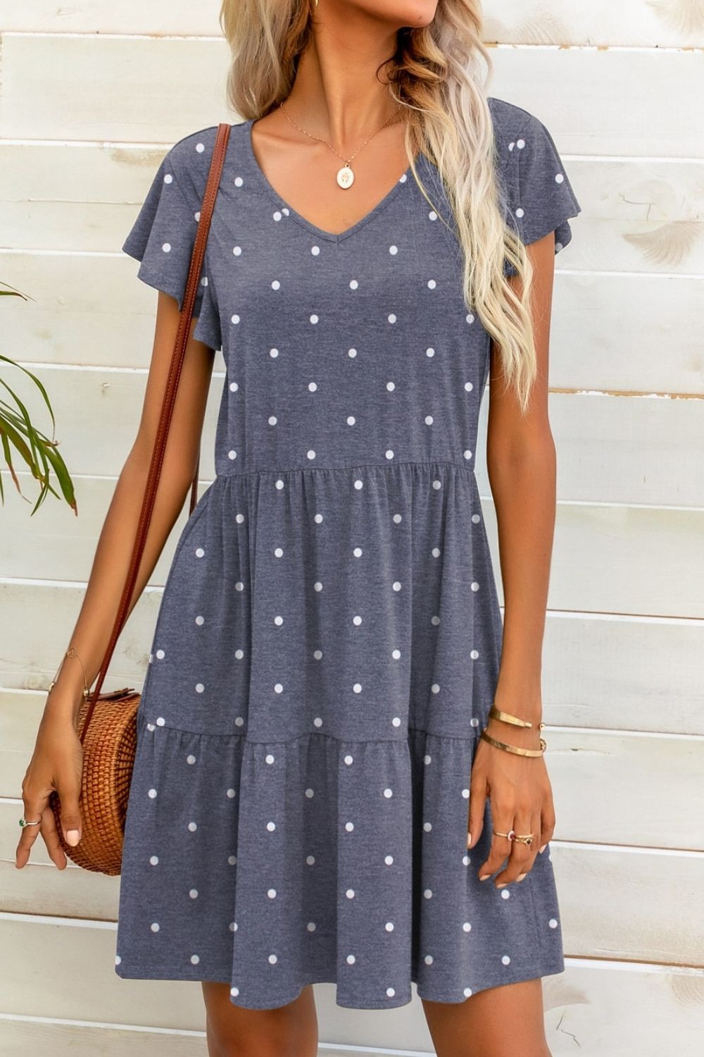 Polka Dot V - Neck Flutter Sleeve Mini Dress - Dress - French Blue - Bella Bourget