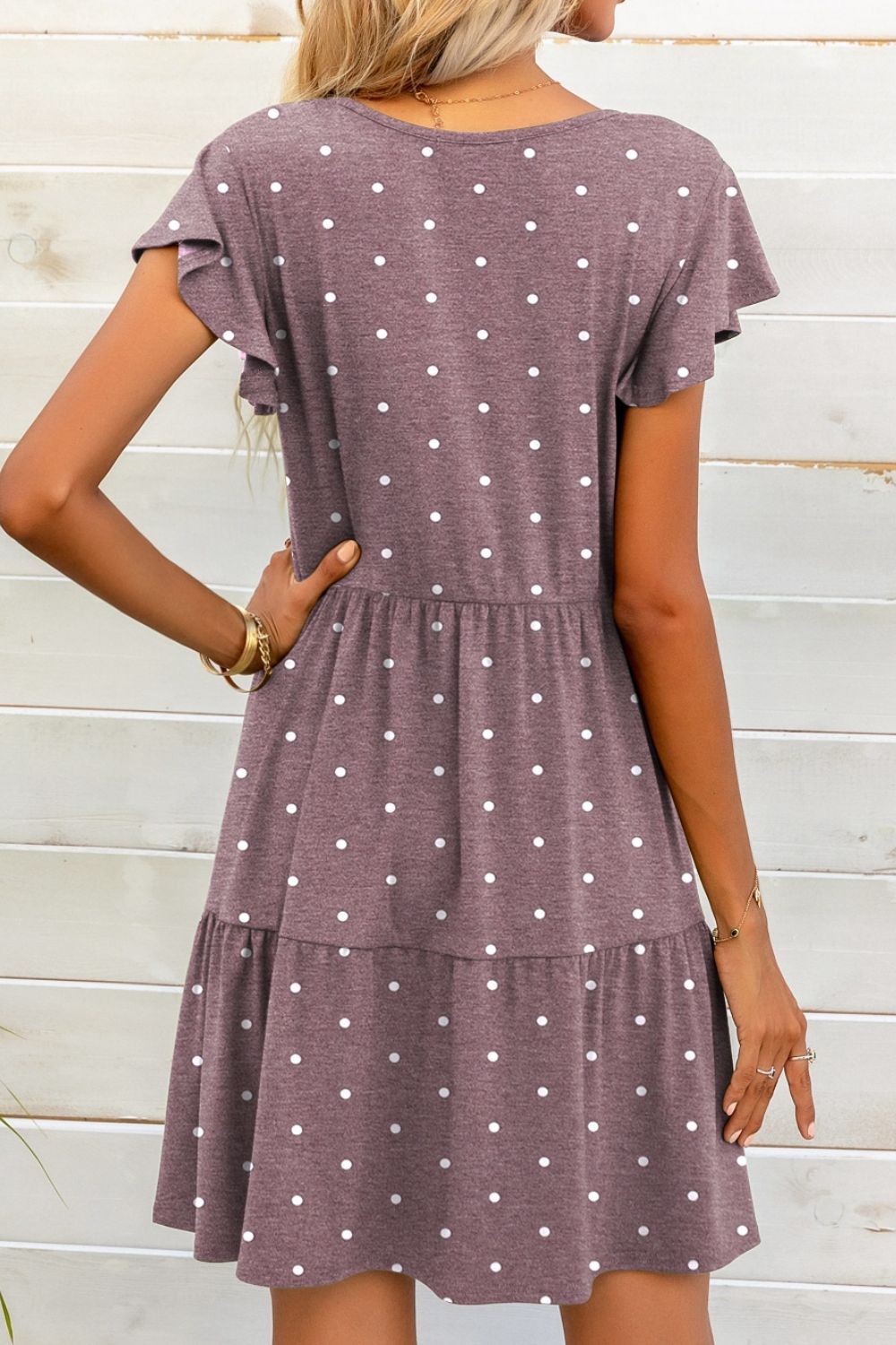 Polka Dot V - Neck Flutter Sleeve Mini Dress - Dress - Mauve - Bella Bourget