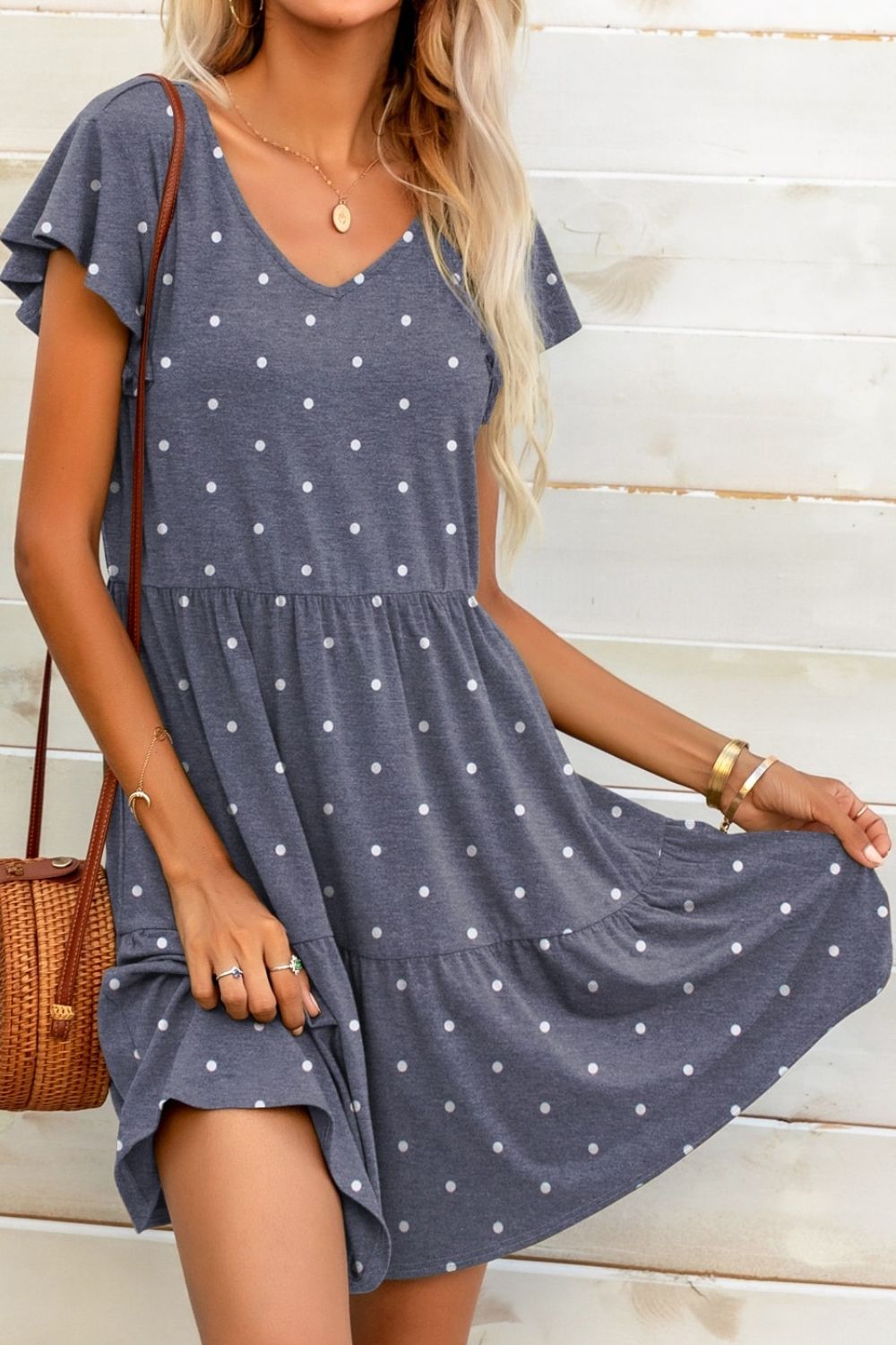 Polka Dot V - Neck Flutter Sleeve Mini Dress - Dress - French Blue - Bella Bourget