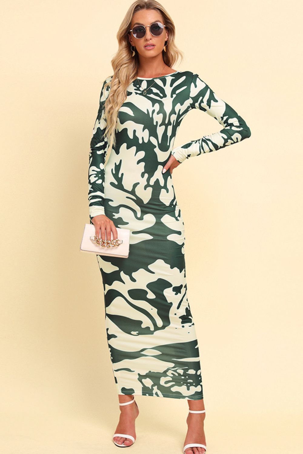 Printed Backless Long Sleeve Maxi Dress - Dress - Green Camouflage - Bella Bourget