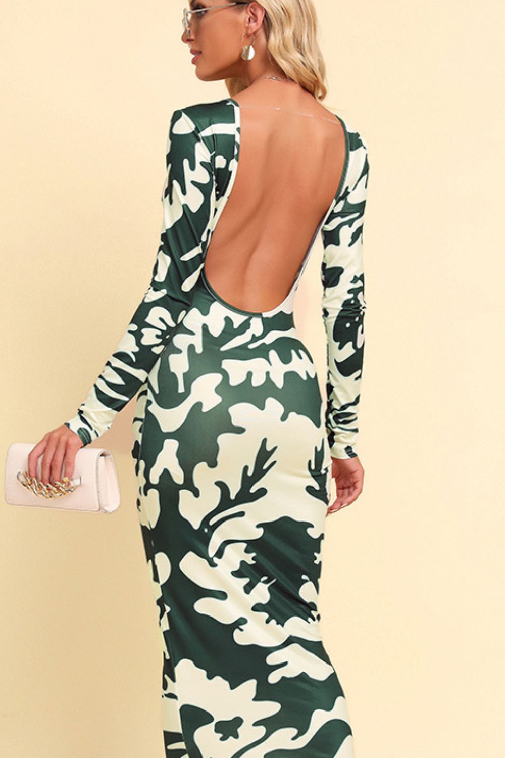 Printed Backless Long Sleeve Maxi Dress - Dress - Green Camouflage - Bella Bourget