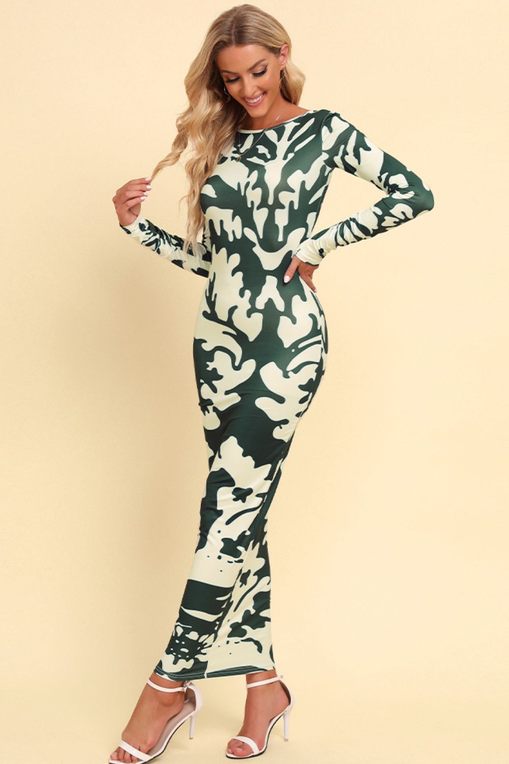 Printed Backless Long Sleeve Maxi Dress - Dress - Green Camouflage - Bella Bourget