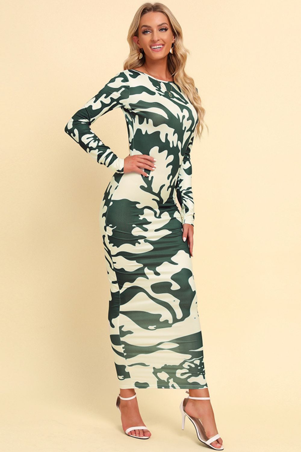 Printed Backless Long Sleeve Maxi Dress - Dress - Green Camouflage - Bella Bourget