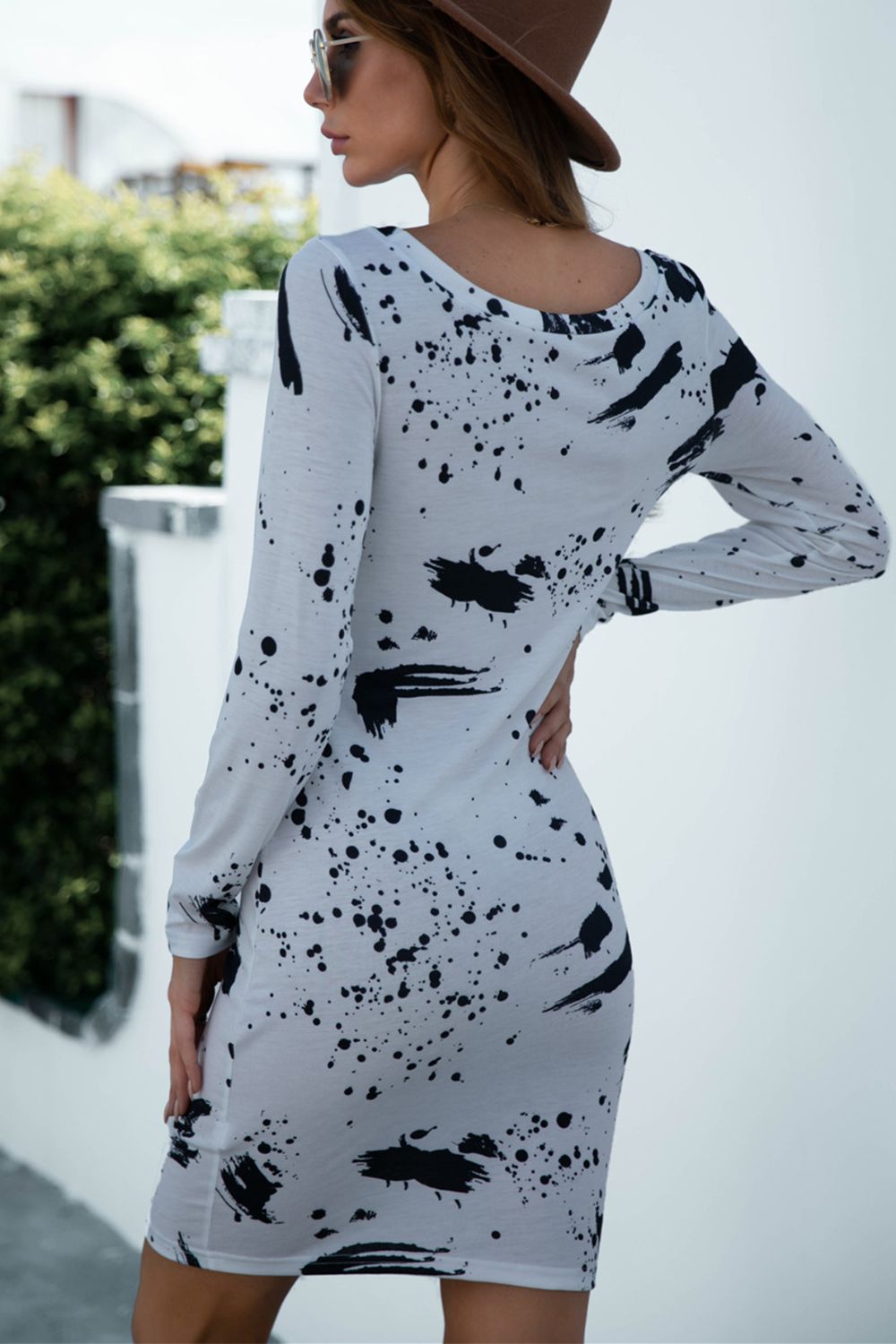 Printed Boat Neck Long Sleeve Dress - Dress - White - Bella Bourget