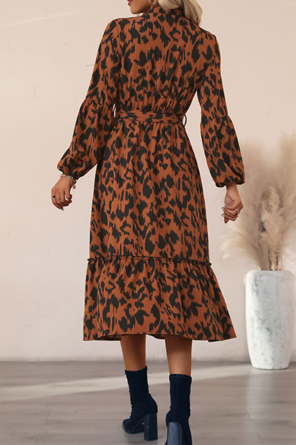 Printed Bubble Sleeve Buttoned Shirt Dress - Dress - Brown - Bella Bourget