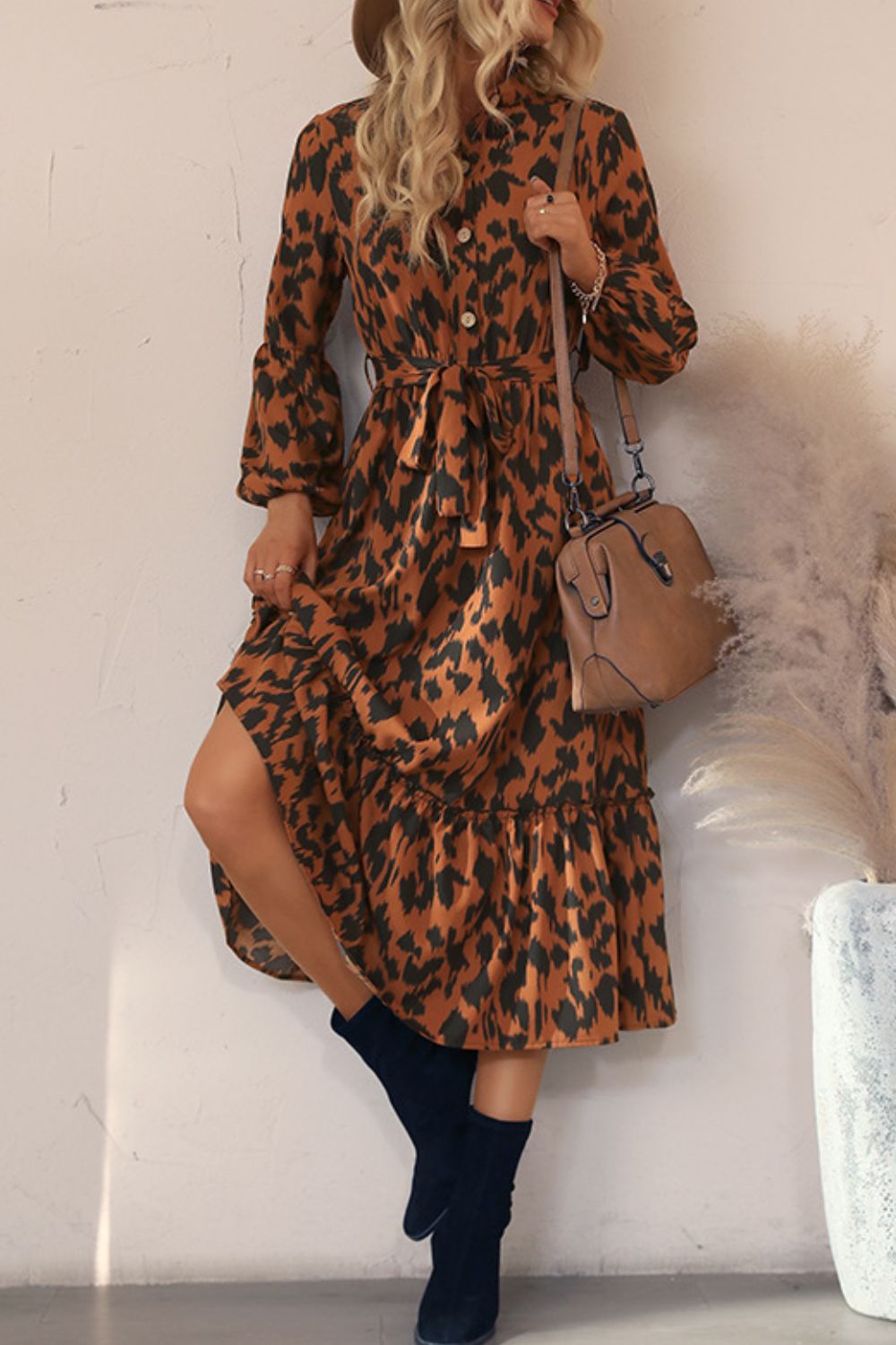 Printed Bubble Sleeve Buttoned Shirt Dress - Dress - Brown - Bella Bourget