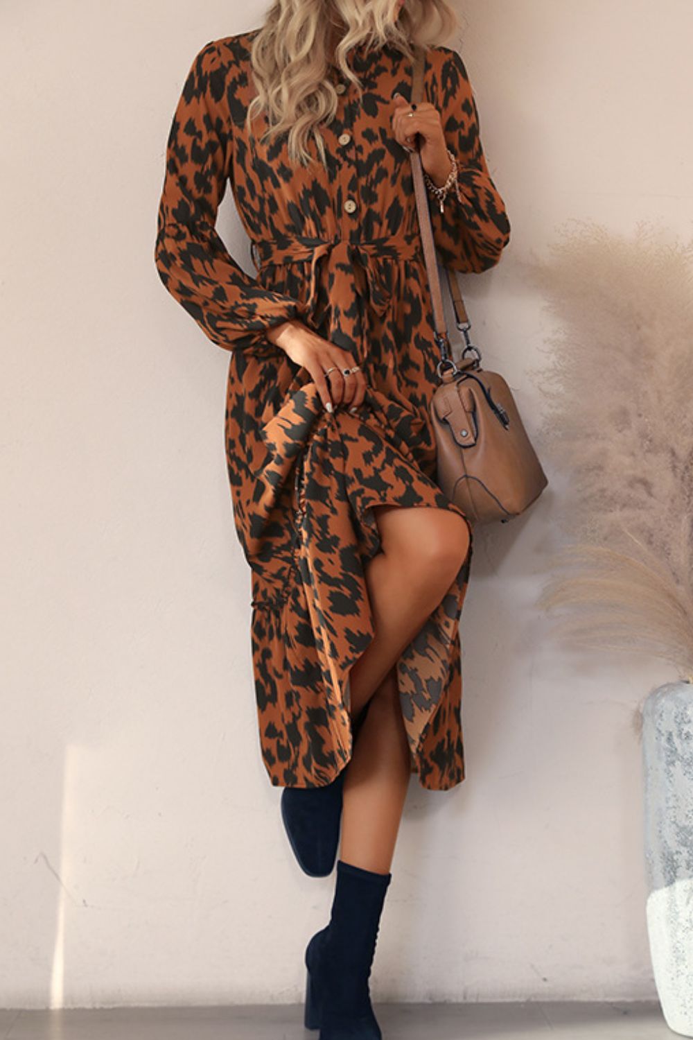 Printed Bubble Sleeve Buttoned Shirt Dress - Dress - Brown - Bella Bourget