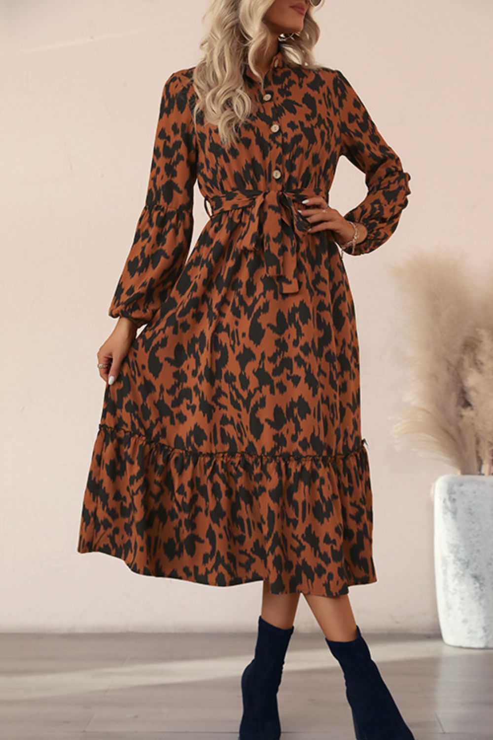 Printed Bubble Sleeve Buttoned Shirt Dress - Dress - Brown - Bella Bourget