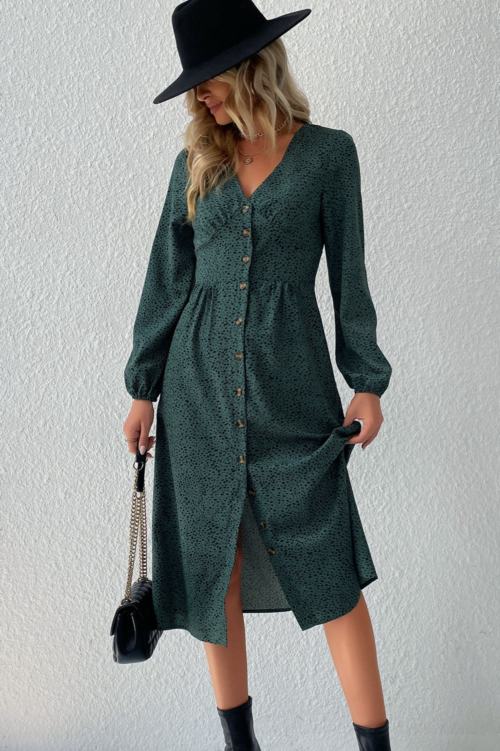 Printed Button Down V - Neck Midi Dress - Dress - Green - Bella Bourget