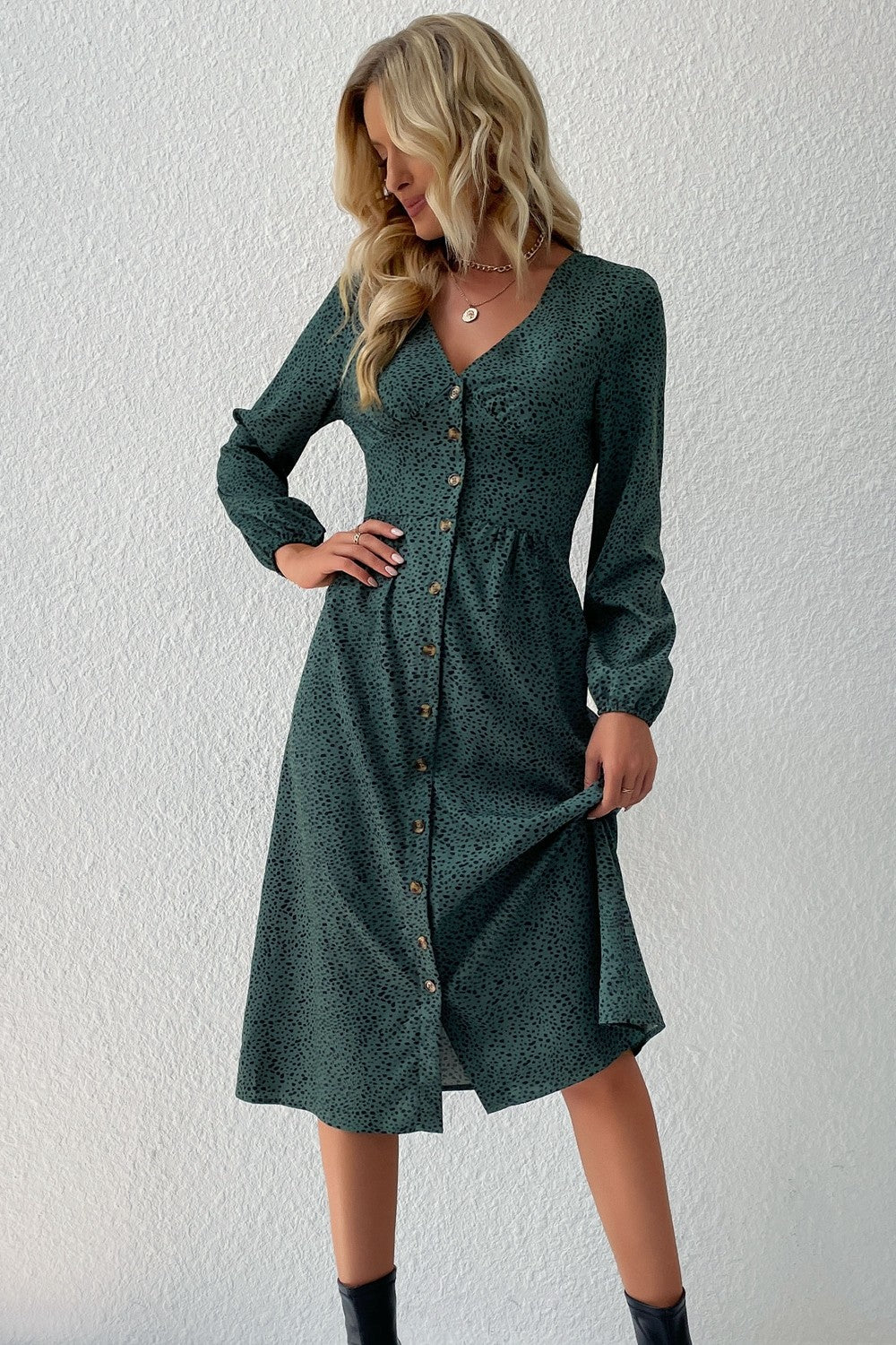 Printed Button Down V - Neck Midi Dress - Dress - Green - Bella Bourget