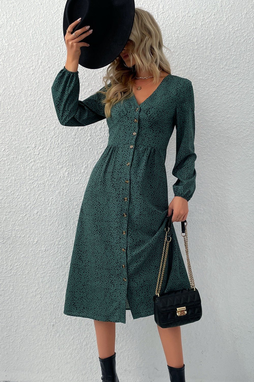 Printed Button Down V - Neck Midi Dress - Dress - Green - Bella Bourget