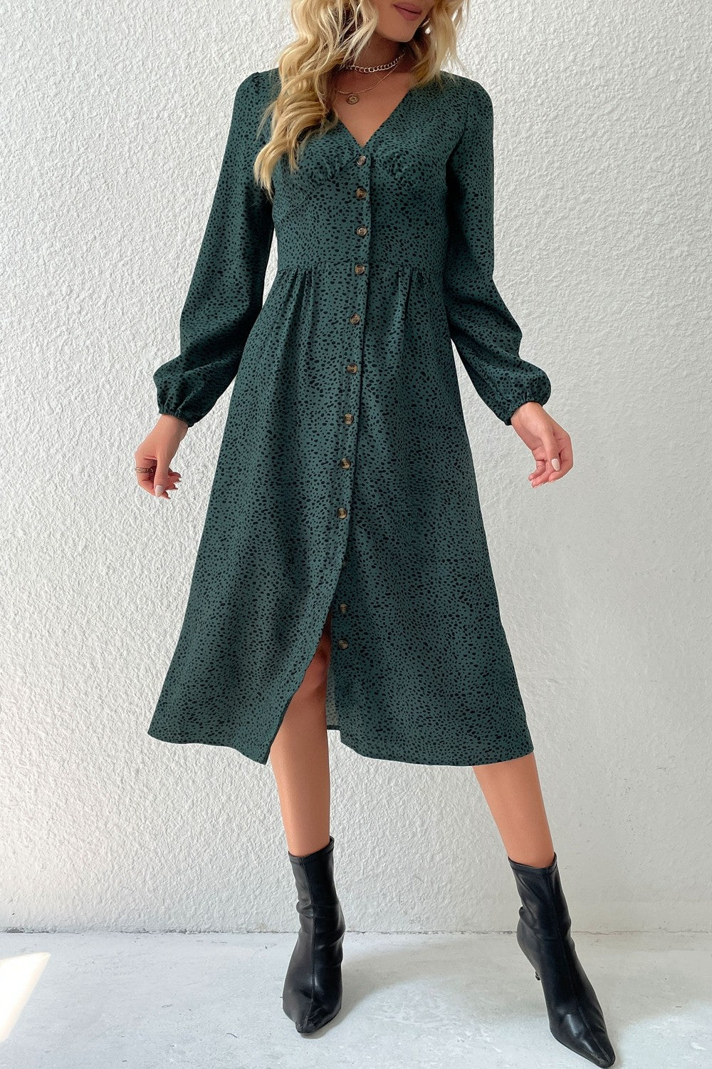 Printed Button Down V - Neck Midi Dress - Dress - Green - Bella Bourget