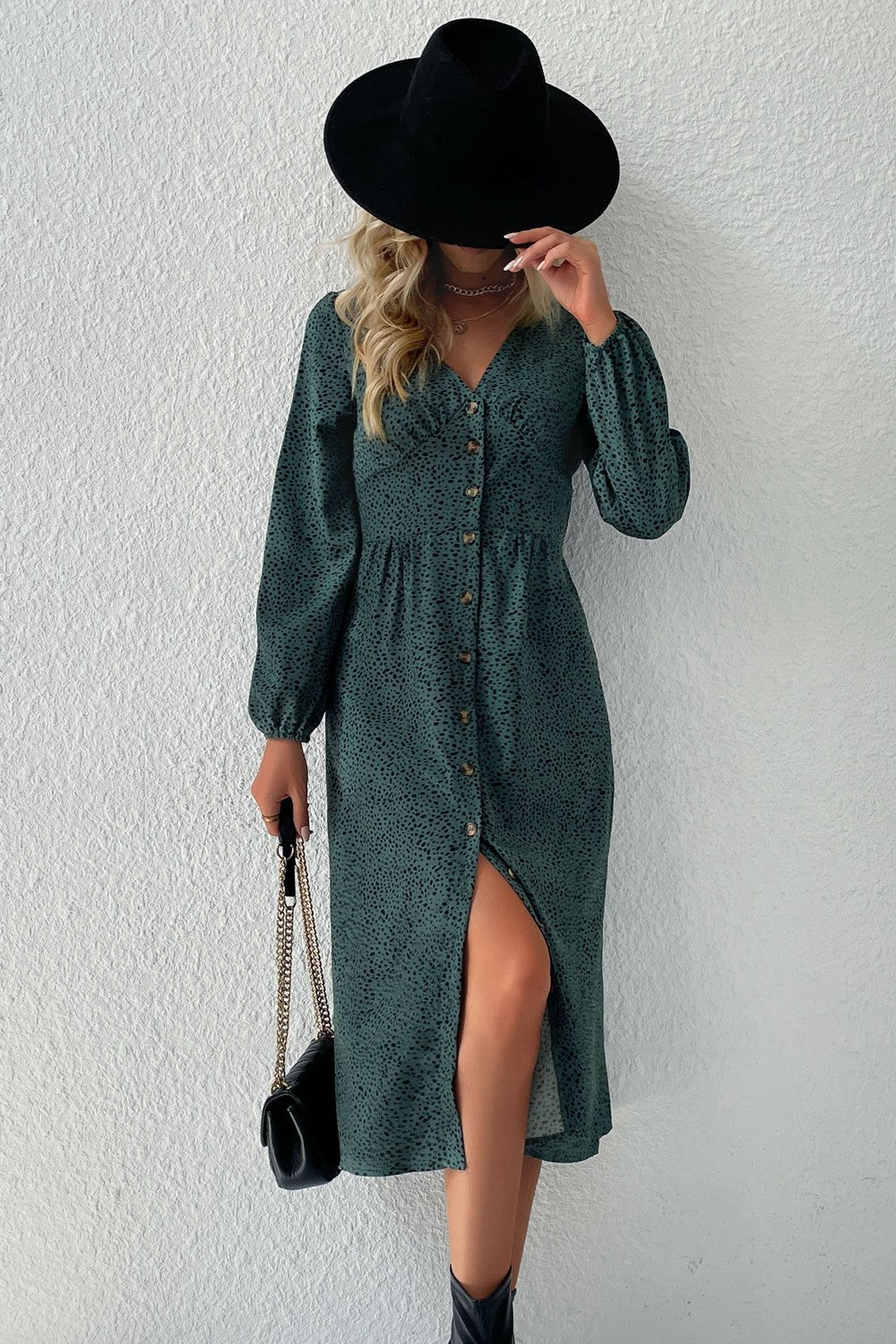 Printed Button Down V - Neck Midi Dress - Dress - Green - Bella Bourget