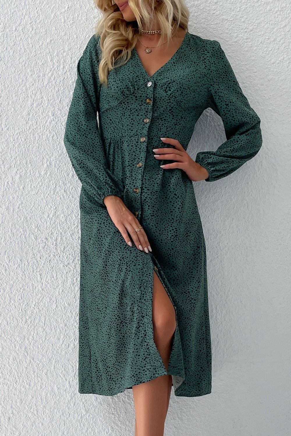 Printed Button Down V - Neck Midi Dress - Dress - Green - Bella Bourget