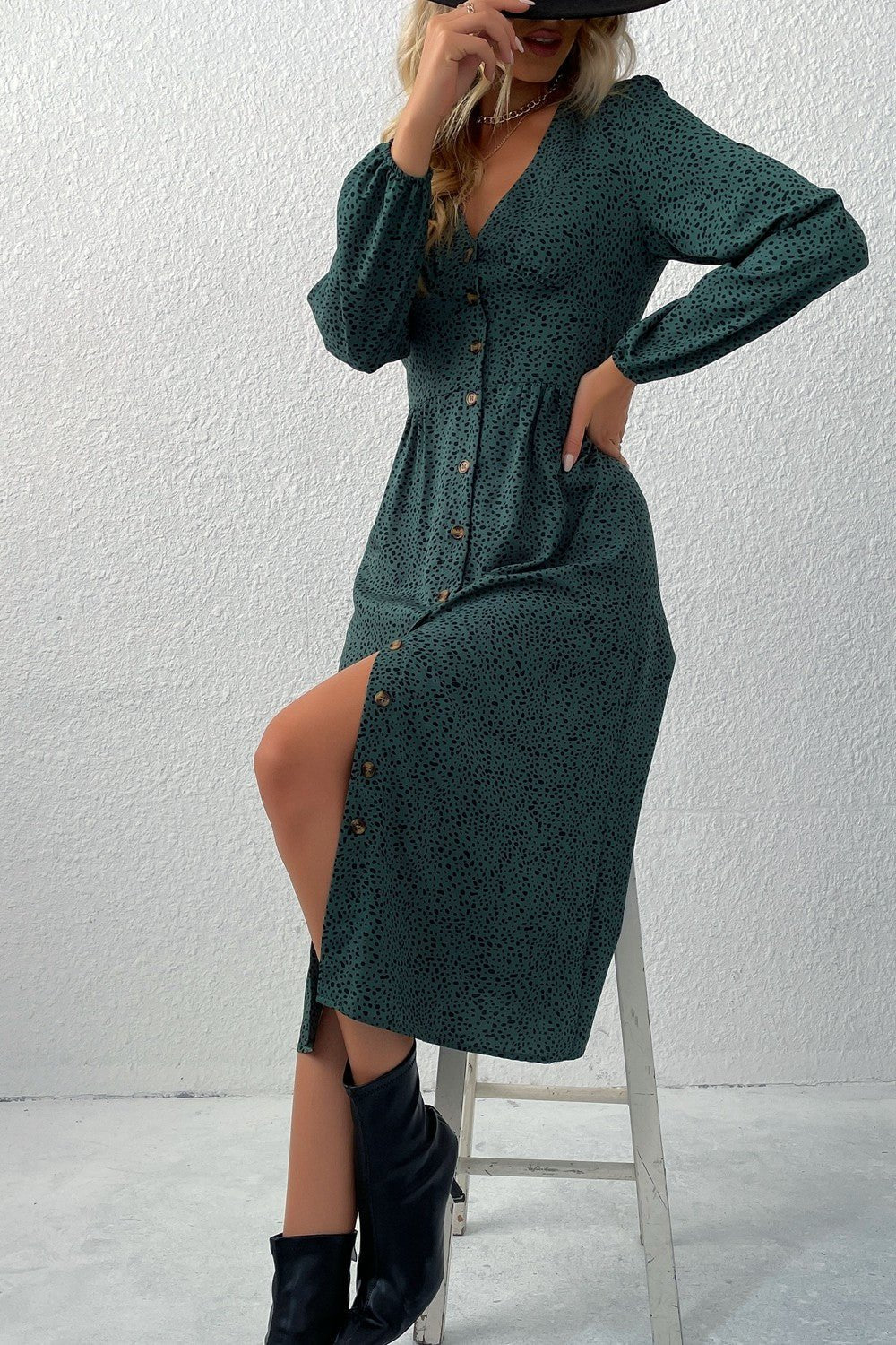 Printed Button Down V - Neck Midi Dress - Dress - Green - Bella Bourget