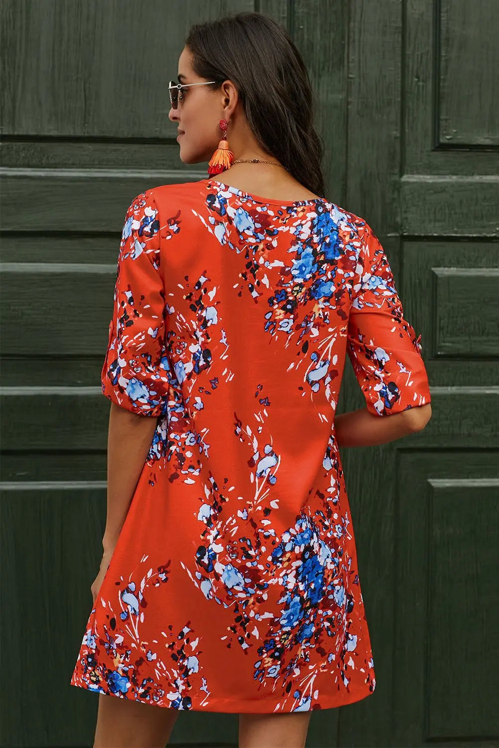 Printed Buttoned V - Neck Half Sleeve Dress - Dress - Orange - Bella Bourget