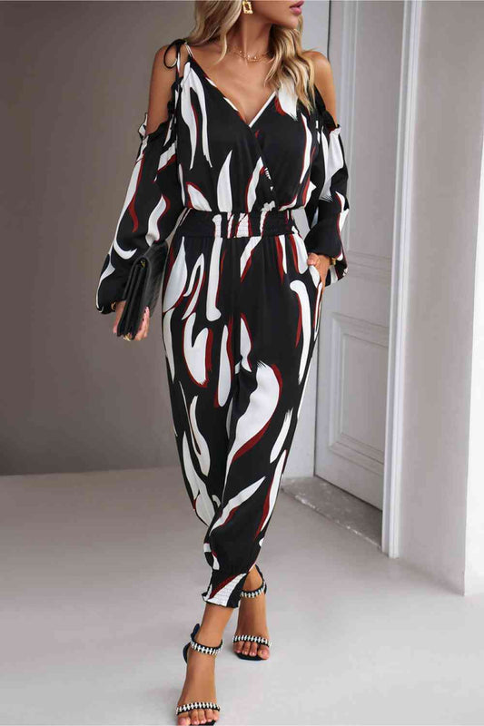 Printed Cold - Shoulder Surplice Neck Jumpsuit - Jumpsuit - Black - Bella Bourget