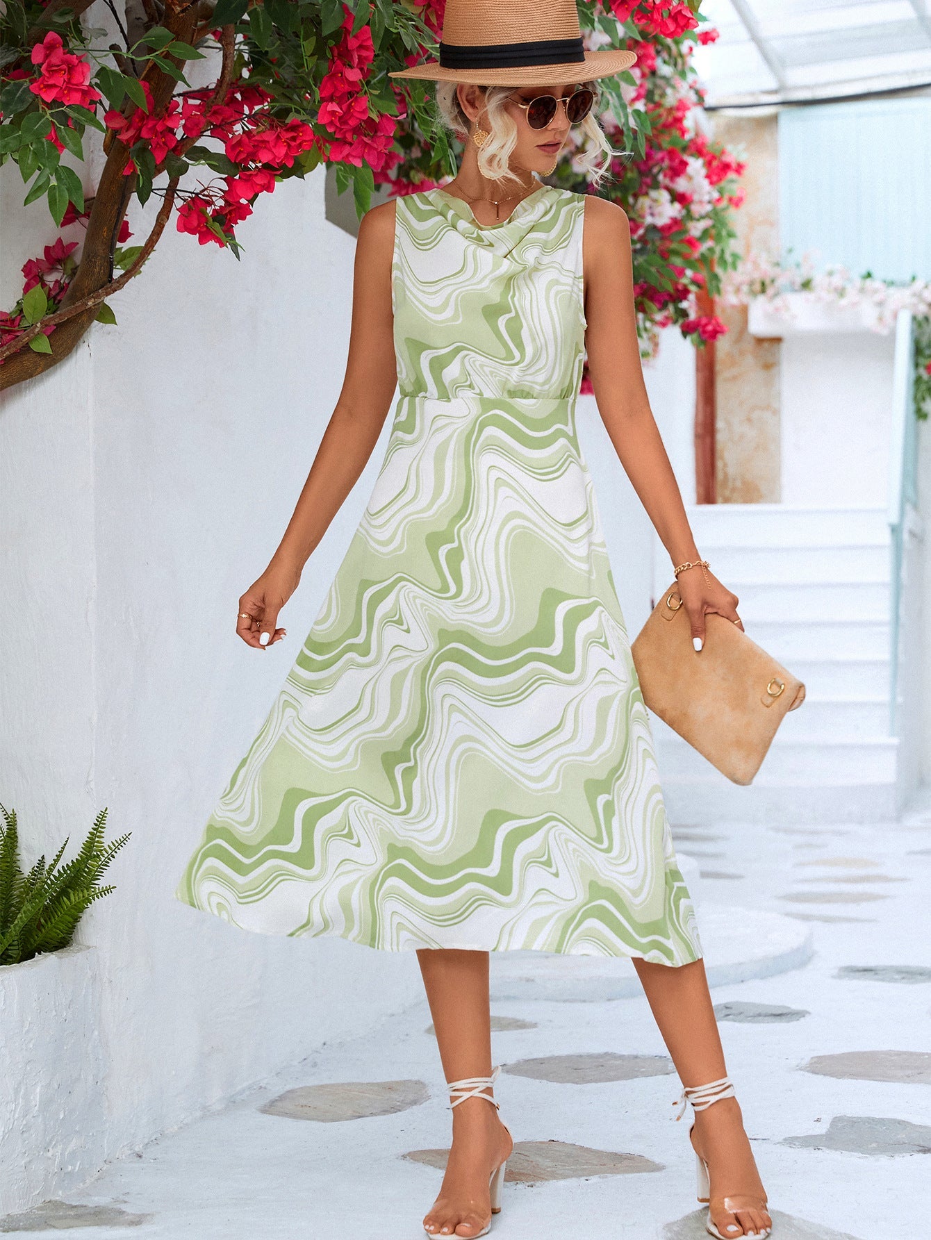 Printed Cowl Neck Sleeveless Dress - Dress - Green - Bella Bourget