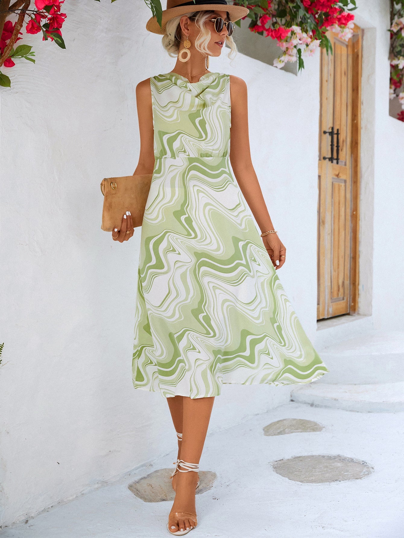 Printed Cowl Neck Sleeveless Dress - Dress - Green - Bella Bourget