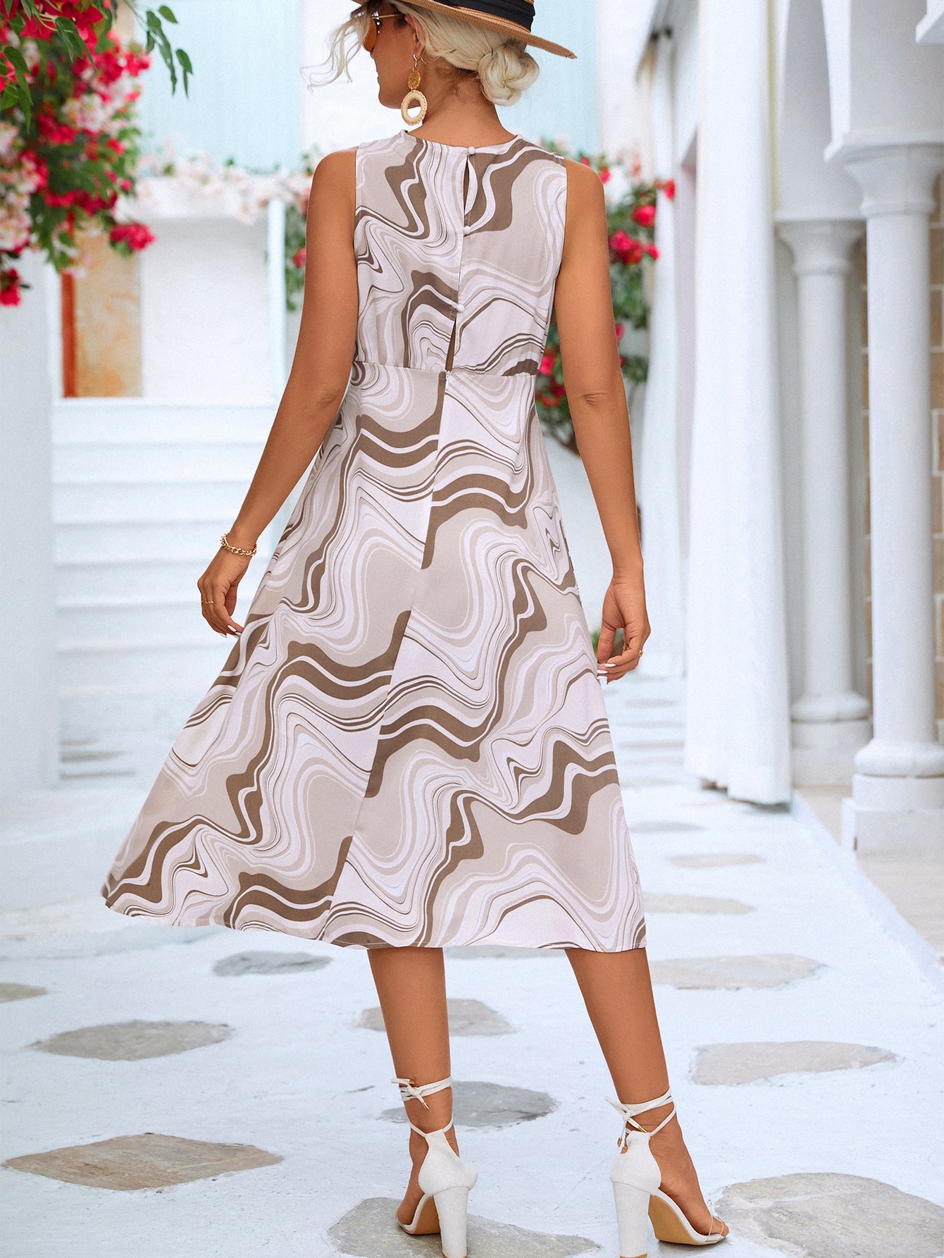 Printed Cowl Neck Sleeveless Dress - Dress - Khaki - Bella Bourget