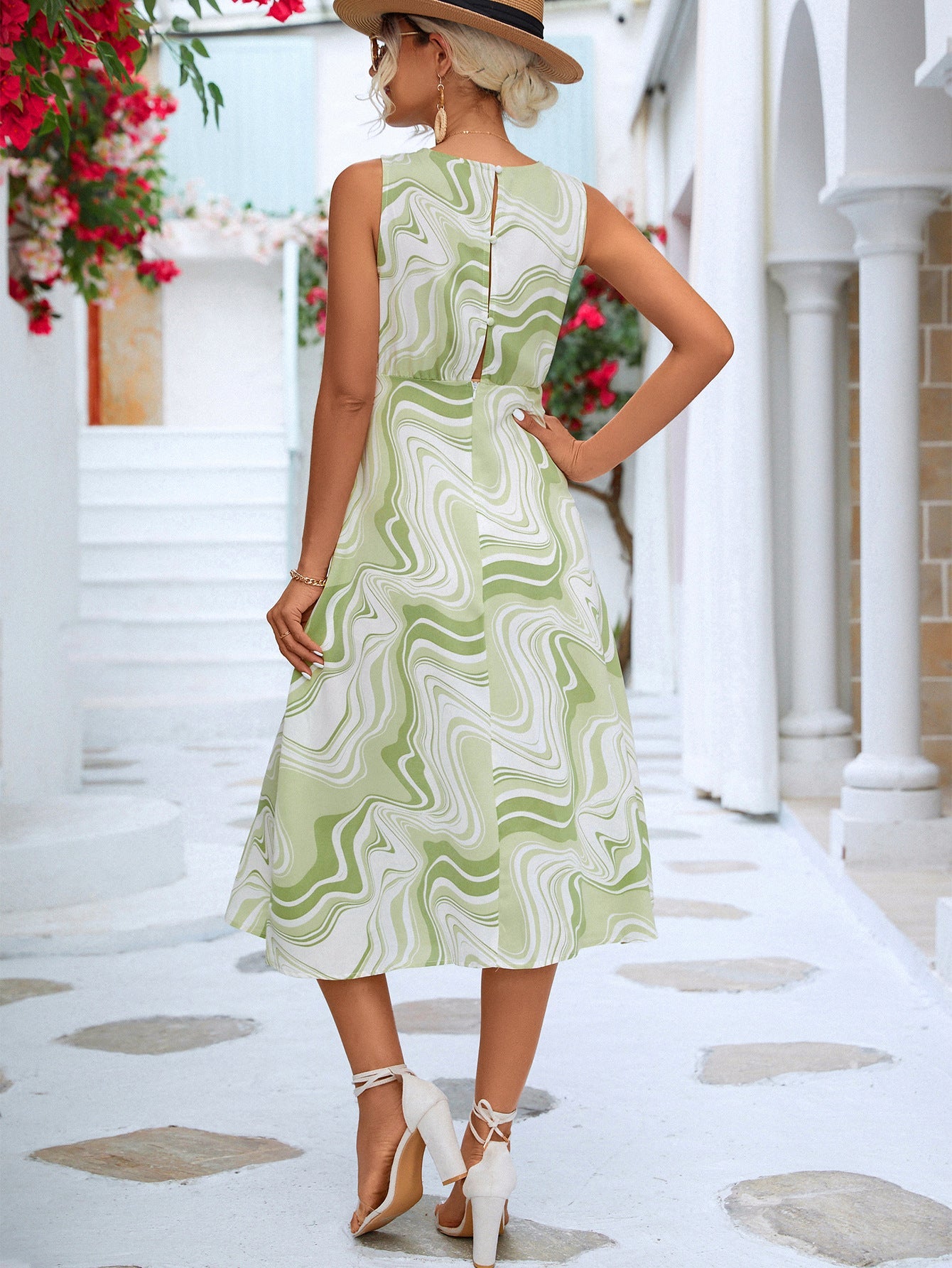 Printed Cowl Neck Sleeveless Dress - Dress - Green - Bella Bourget