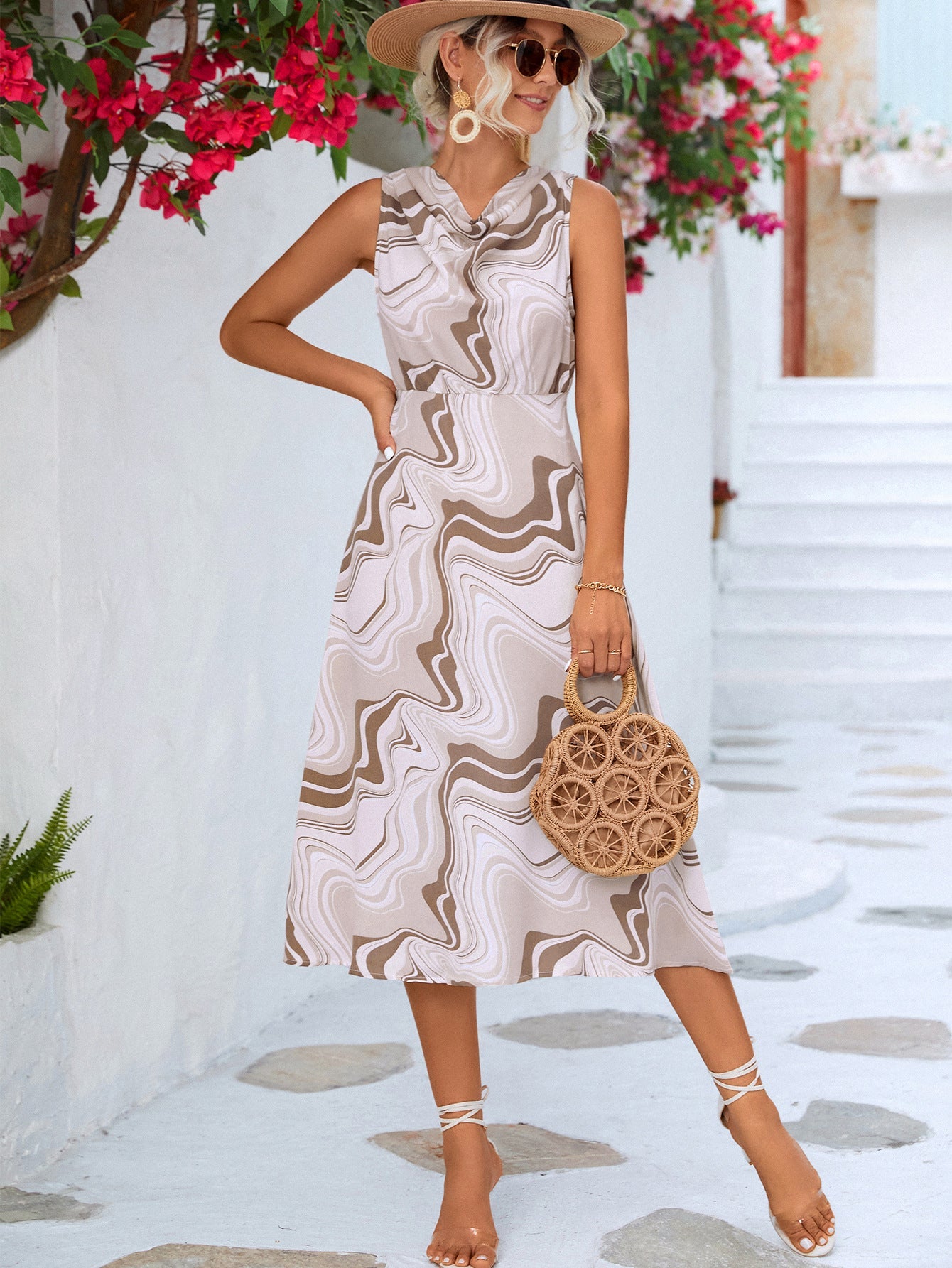 Printed Cowl Neck Sleeveless Dress - Dress - Khaki - Bella Bourget