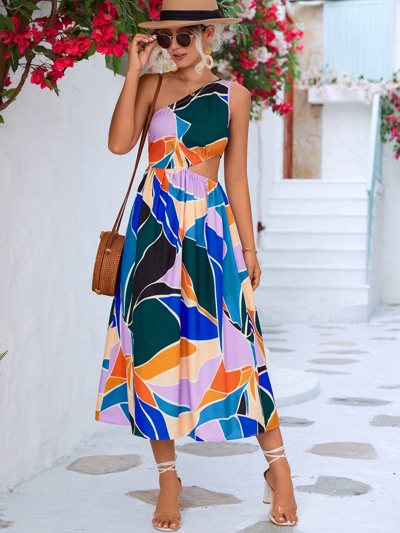 Printed Cutout One - Shoulder Sleeveless Dress - Dress - Blue - Bella Bourget