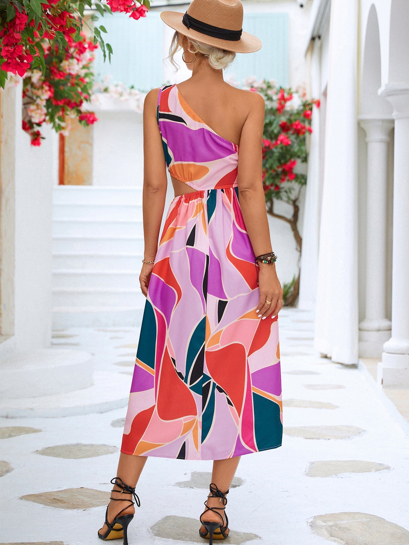 Printed Cutout One - Shoulder Sleeveless Dress - Dress - Magenta - Bella Bourget