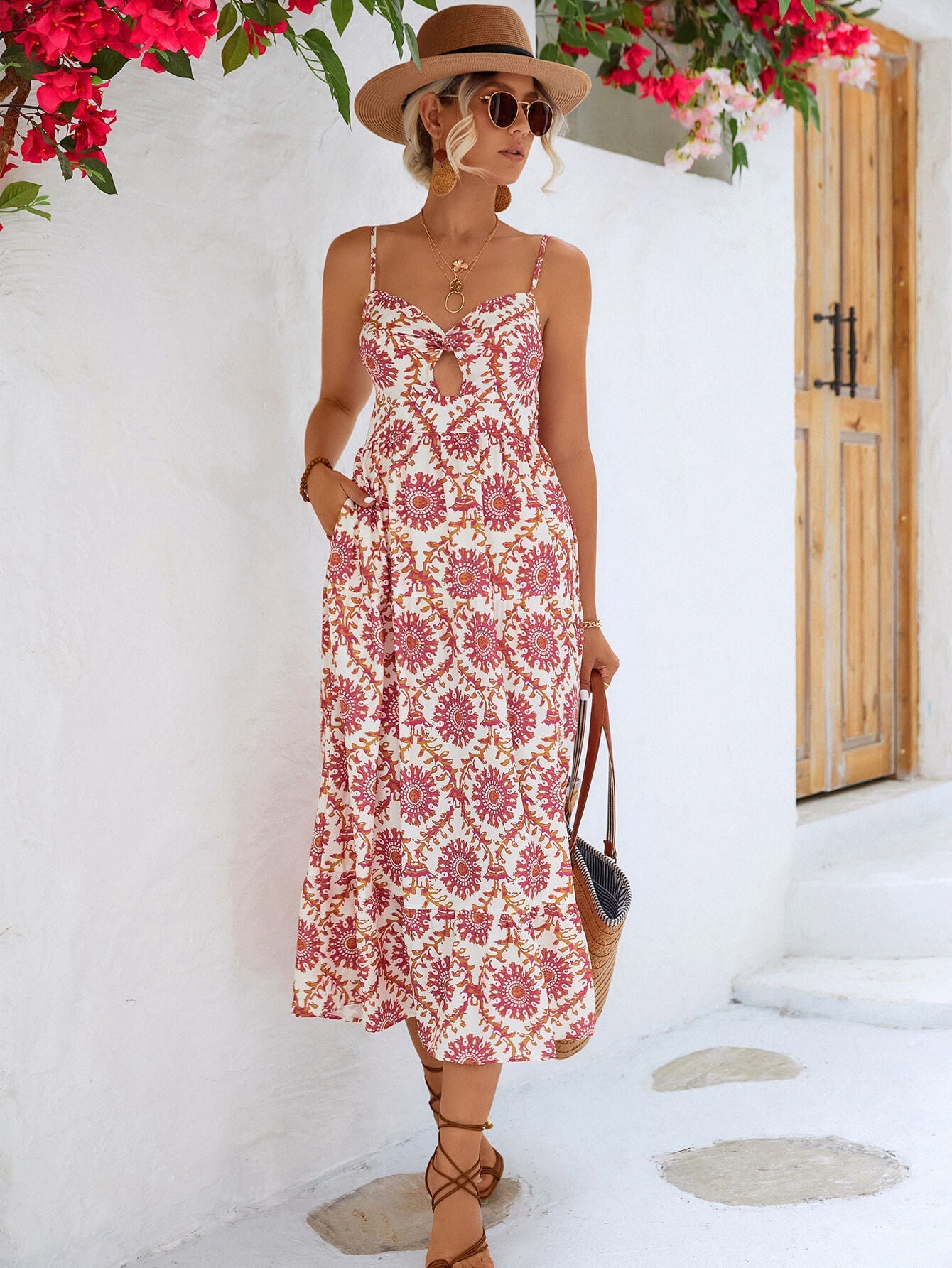 Printed Cutout Spaghetti Strap Midi Dress - Dress - Light Mauve - Bella Bourget