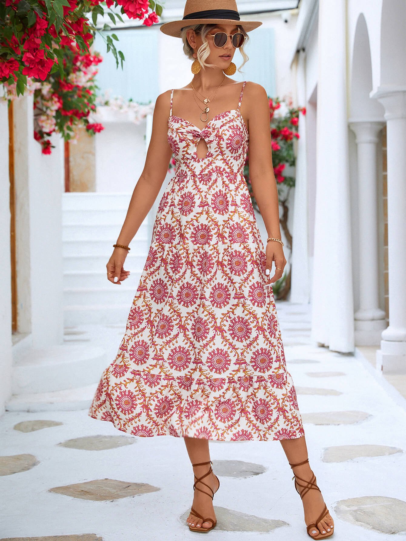 Printed Cutout Spaghetti Strap Midi Dress - Dress - Light Mauve - Bella Bourget