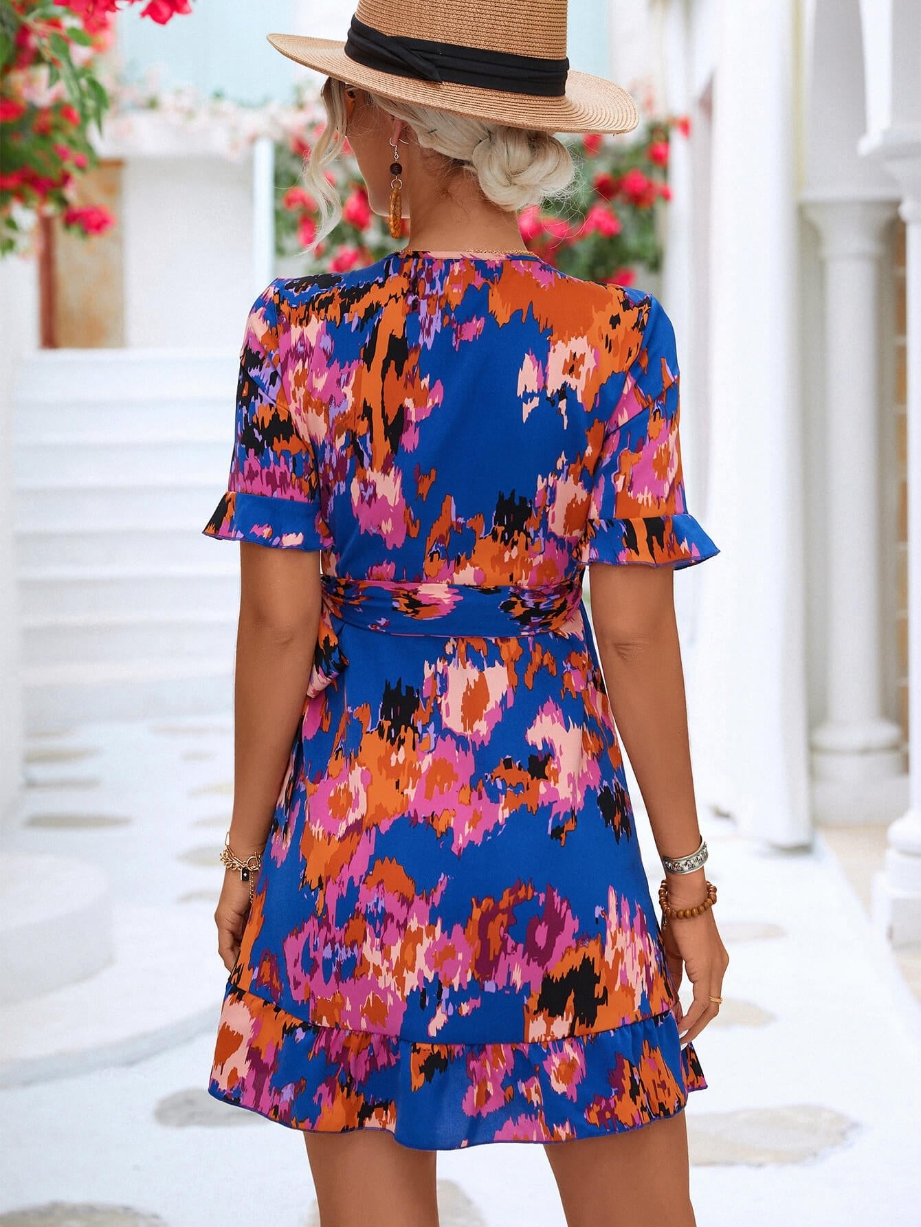 Printed Flounce Sleeve Tied Dress - Dress - Royal Blue - Bella Bourget