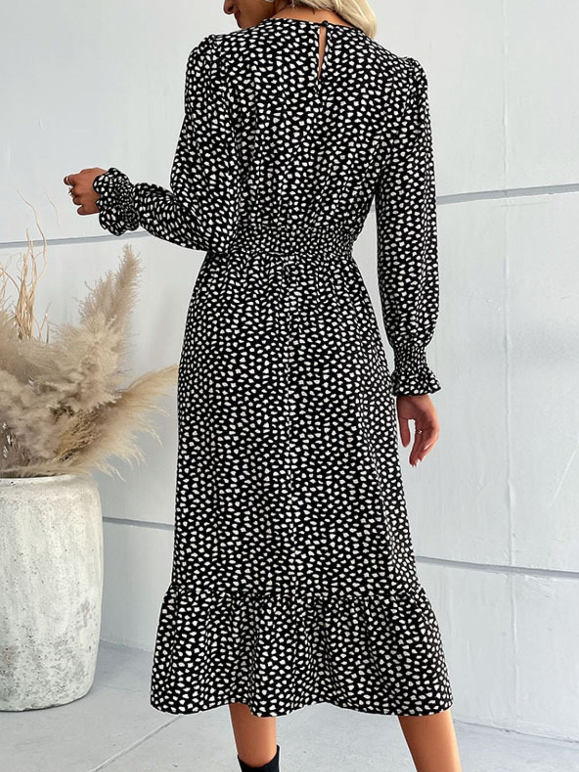 Printed Flounce Sleeve V - Neck Midi Dress - Dress - Black - Bella Bourget