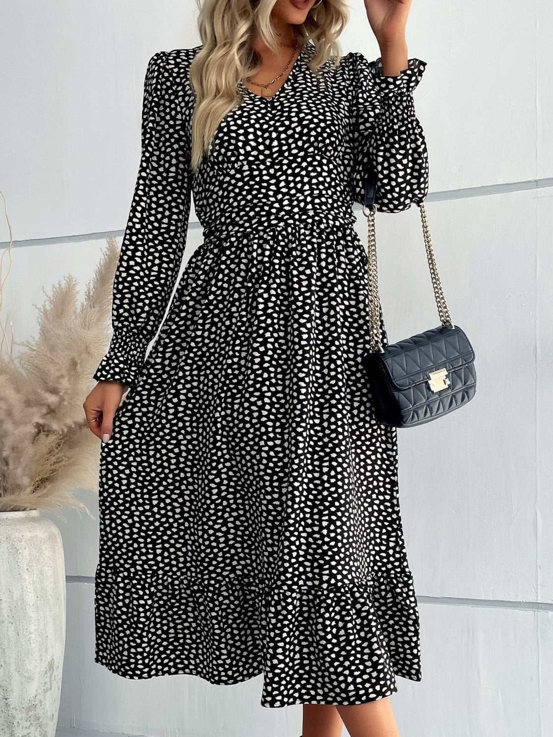 Printed Flounce Sleeve V - Neck Midi Dress - Dress - Black - Bella Bourget