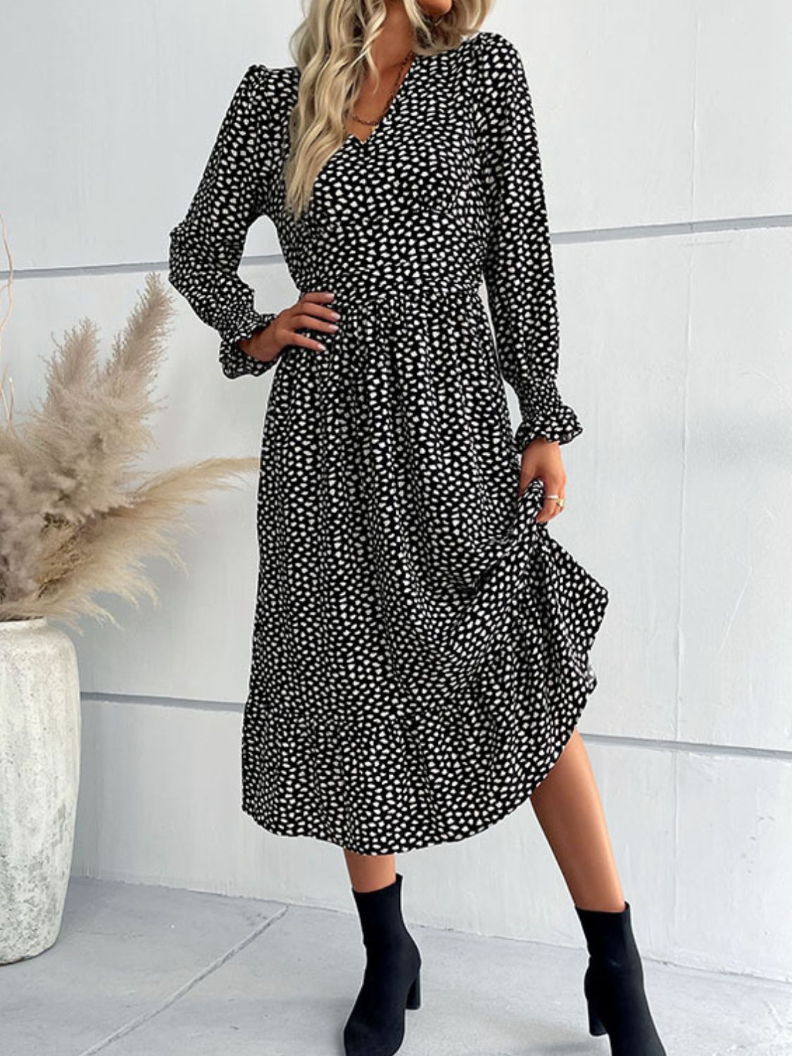 Printed Flounce Sleeve V - Neck Midi Dress - Dress - Black - Bella Bourget