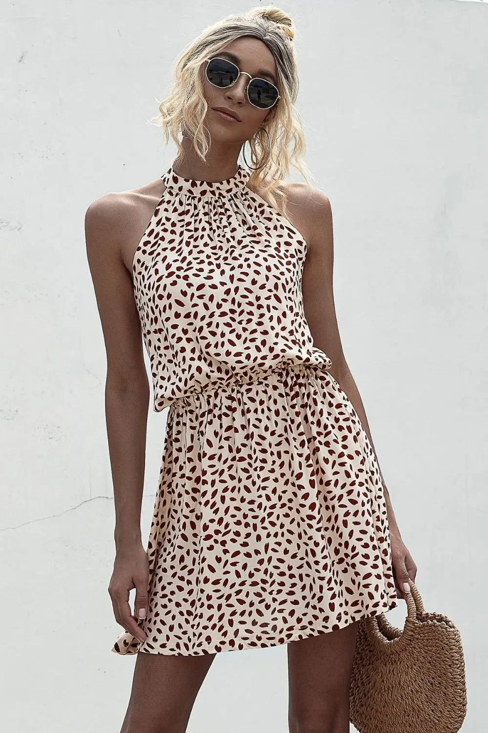 Printed Grecian Neck Mini Dress - Dress - Sand - Bella Bourget