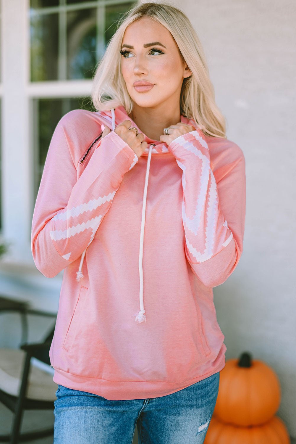 Printed Long Sleeve Hoodie with Pocket - Hoodie - Blush Pink - Bella Bourget