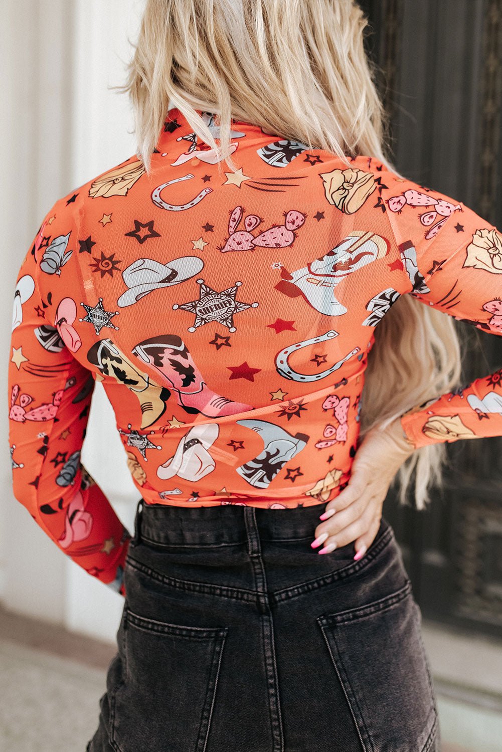 Printed Mock Neck Long Sleeve Bodysuit - Bodysuit - Orange - Bella Bourget