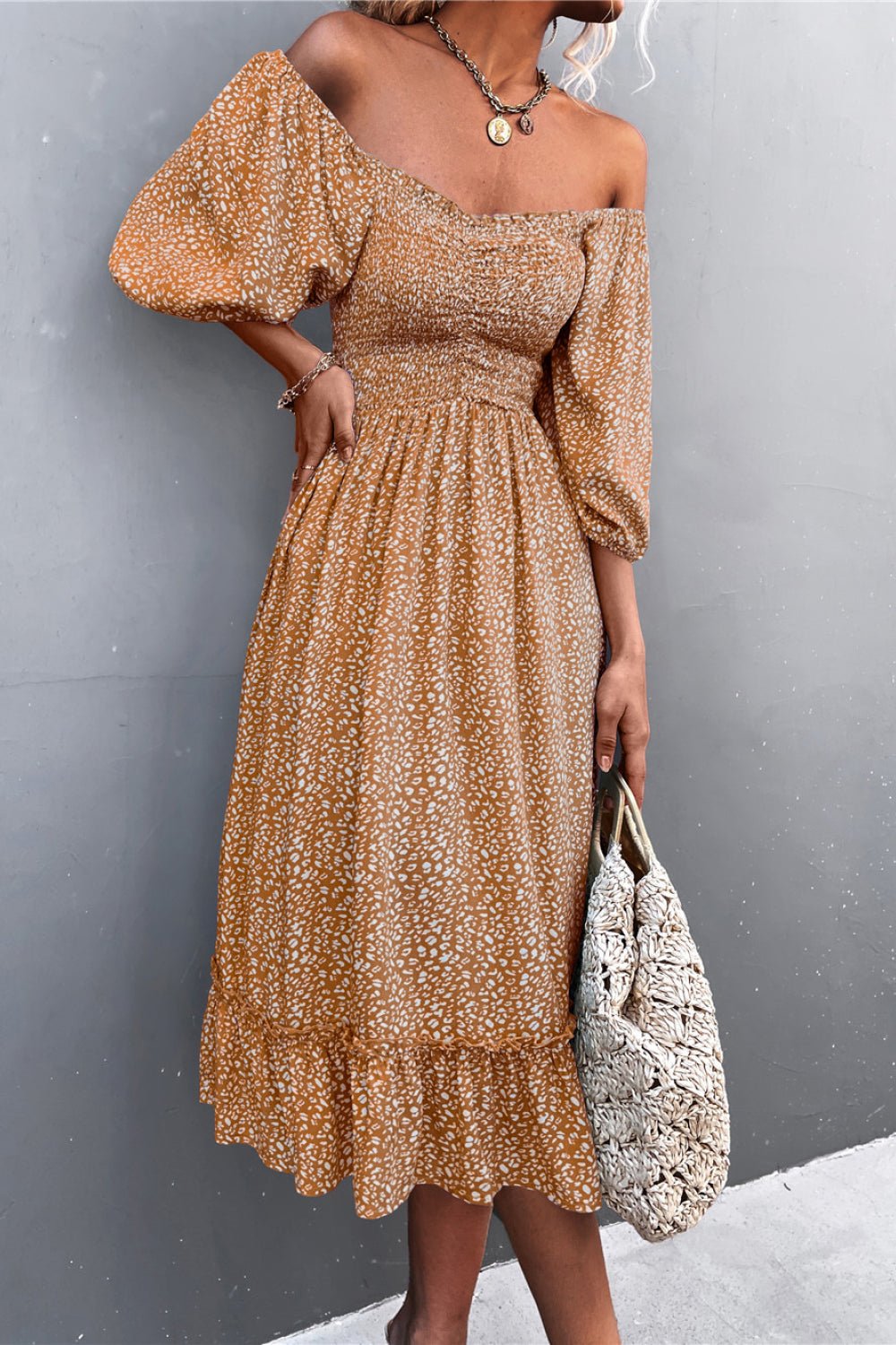 Printed Off - Shoulder Ruffle Hem Midi Dress - Dress - Brown - Bella Bourget