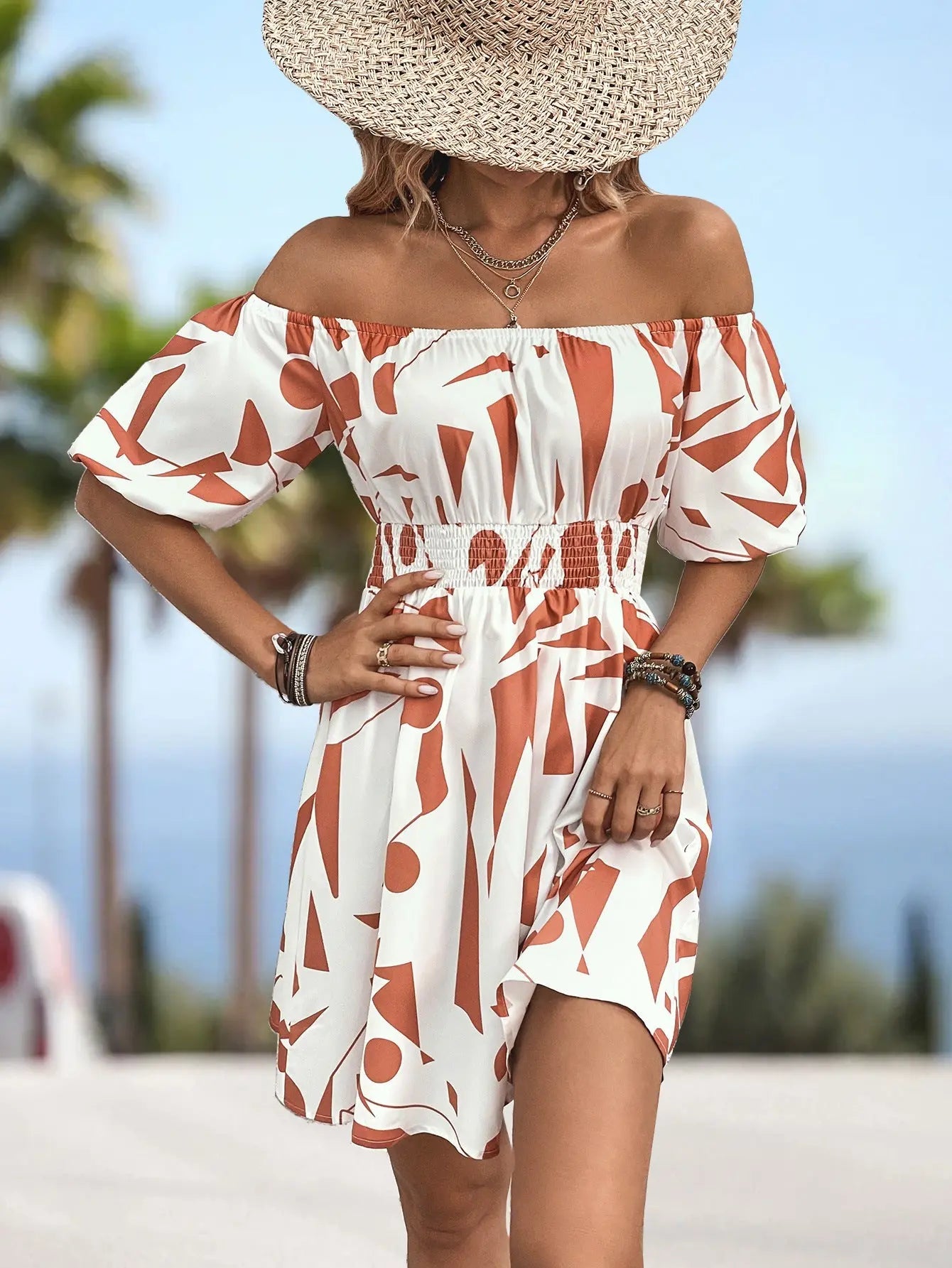 Printed Off - Shoulder Smocked Waist Dress - Dress - Red Orange - Bella Bourget