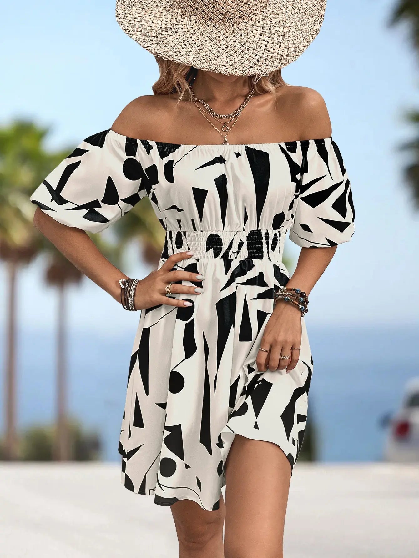 Printed Off - Shoulder Smocked Waist Dress - Dress - Black - Bella Bourget