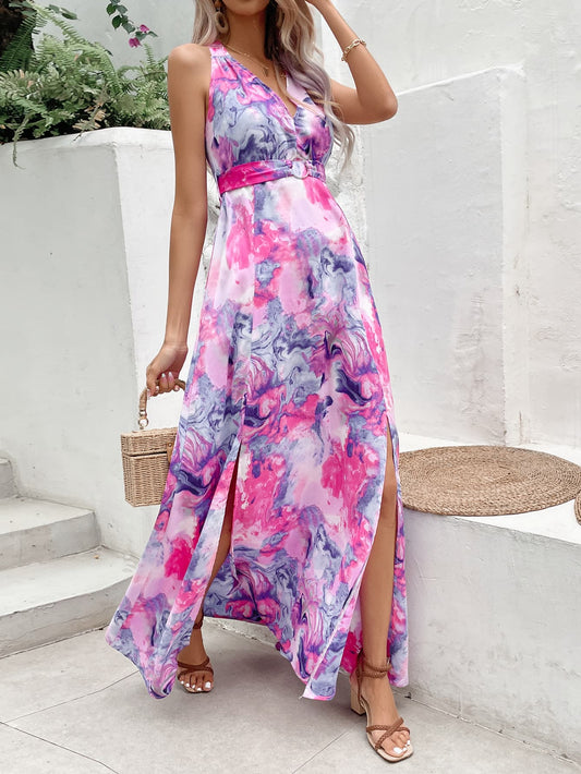 Printed Open Back Slit Sleeveless Dress - Dress - Multicolor - Bella Bourget