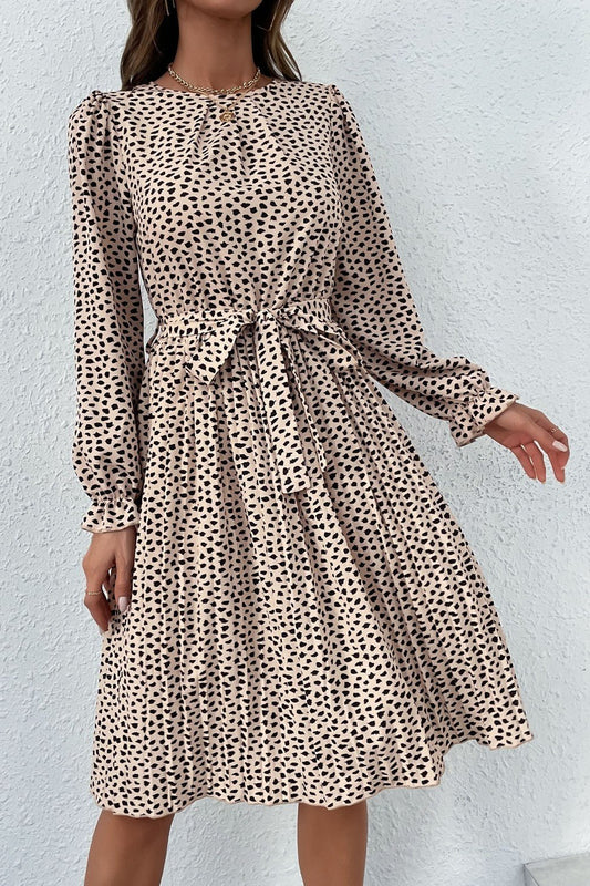 Printed Round Neck Belted Pleated Dress - Dress - Beige - Bella Bourget