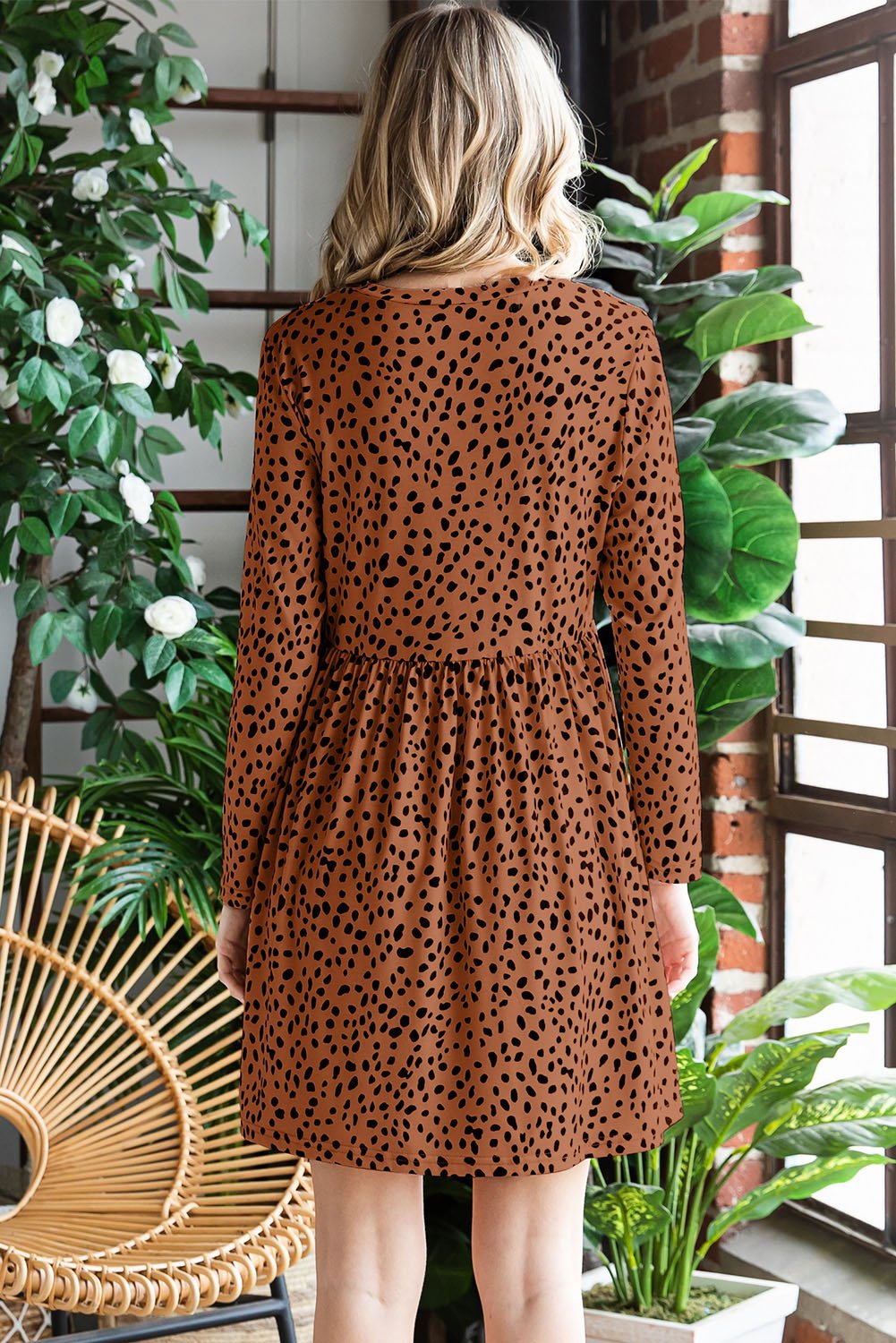 Printed Round Neck Long Sleeve Dress - Dress - Chestnut - Bella Bourget