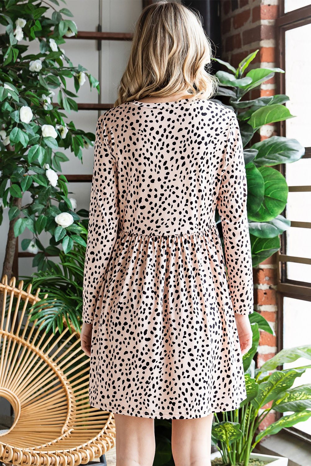 Printed Round Neck Long Sleeve Dress - Dress - Sand - Bella Bourget