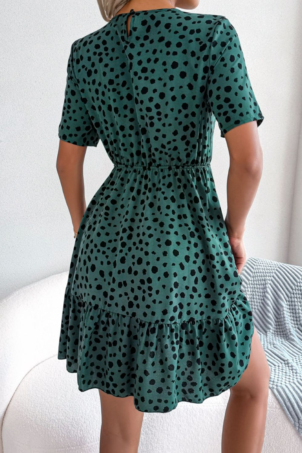 Printed Round Neck Short Sleeve Ruffled Dress - Dress - Green - Bella Bourget