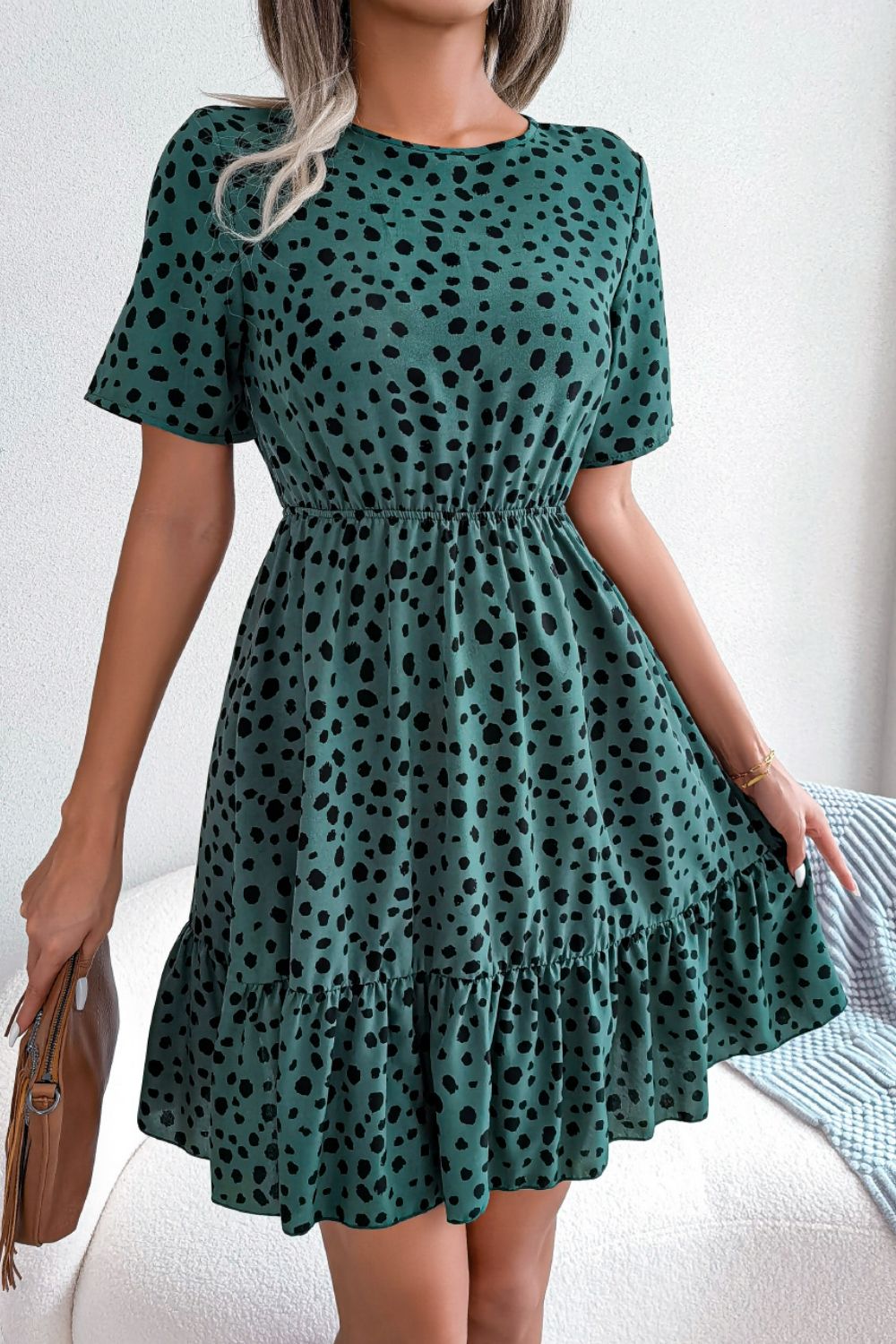 Printed Round Neck Short Sleeve Ruffled Dress - Dress - Green - Bella Bourget