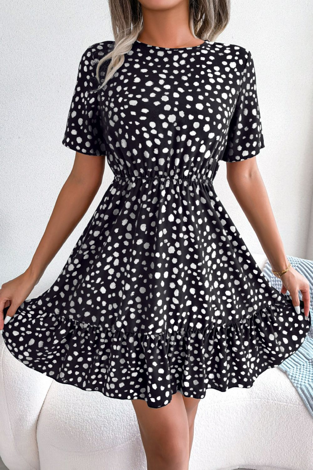 Printed Round Neck Short Sleeve Ruffled Dress - Dress - Black - Bella Bourget